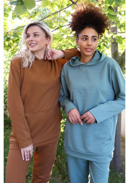 Kadın Pamuk Kapşonlu Cepli 3 Iplik Kahve Eşofman Takım indirimleri