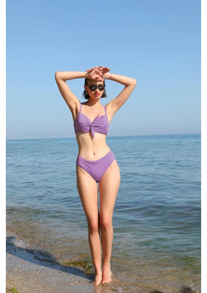 Kadın Içi Boş Fiyonklu Kaplı Lila Alt Üst Bikini Takım