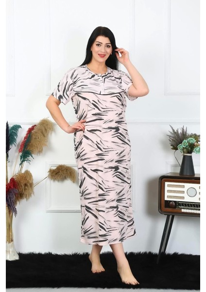 Kadın Büyük Beden Kısa Kol Krem Anne Gecelik