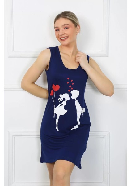 Kadın Kalın Askılı Penye Diz Üstü Lacivert Gecelik