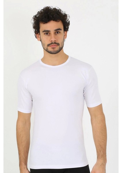 Erkek Sıfır Yaka Likralı Beyaz T-Shirt