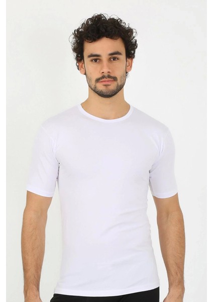 Erkek Sıfır Yaka Likralı Beyaz T-Shirt indirimleri