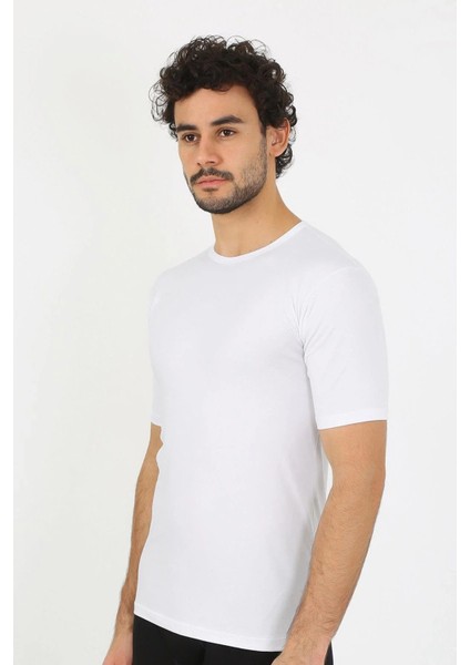 Erkek Sıfır Yaka Likralı Beyaz T-Shirt