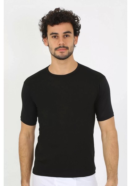 Erkek Sıfır Yaka Likralı Siyah T-Shirt