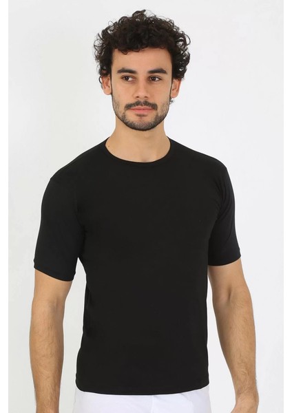 Erkek Sıfır Yaka Likralı Siyah T-Shirt indirimleri