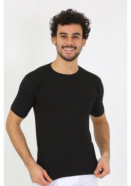 Erkek Sıfır Yaka Likralı Siyah T-Shirt