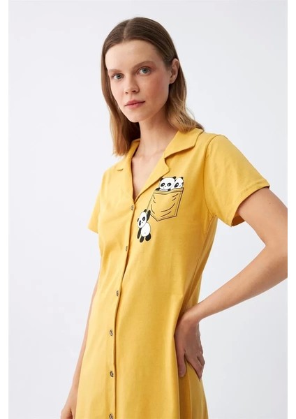 Kadın Pamuk Penye Kısa Kol Düğmeli Sarı Tunik Gecelik indirimleri