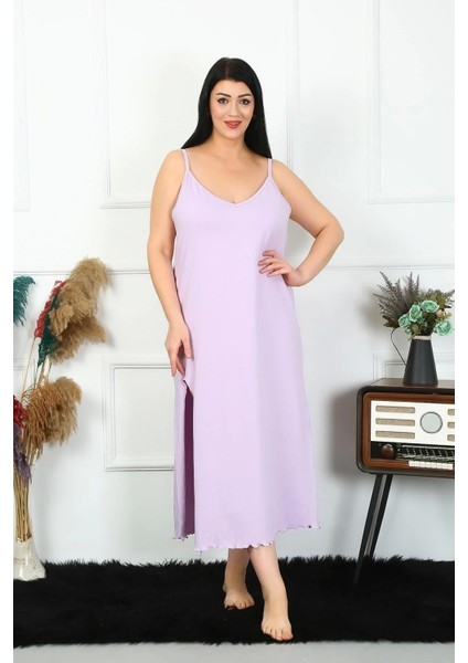 Kadın Büyük Beden Ip Askılı Pamuklu Lila Uzun Gecelik