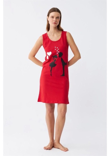 Kadın Kalın Askılı Penye Diz Üstü Kırmızı Gecelik fiyatları