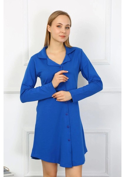 Kadın Penye Uzun Kol Düğmeli Saks Tunik Gecelik