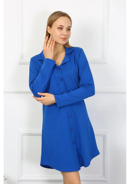 Kadın Penye Uzun Kol Düğmeli Saks Tunik Gecelik