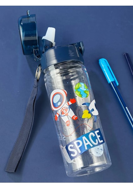500ML Lacivert Astronot Pipetli Matara, Kapaklı Su Şişesi, Öğrenci ve Okul Için