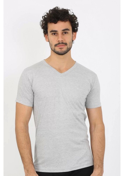 Erkek V Yaka Gri Penye Atlet