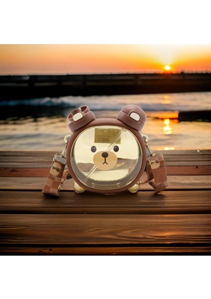 Sevimli Ayıcıklı Çocuk Matara, Çift Kapak, Pipetli, Askılı, Sticker Hediyeli