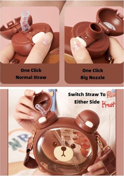 Sevimli Ayıcıklı Çocuk Matara, Çift Kapak, Pipetli, Askılı, Sticker Hediyeli fırsatları