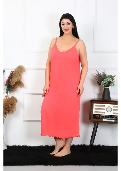 Kadın Büyük Beden Ip Askılı Pamuklu Somon Uzun Gecelik