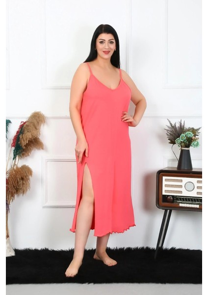 Kadın Büyük Beden Ip Askılı Pamuklu Somon Uzun Gecelik fiyatları