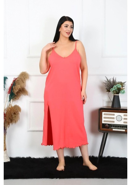 Kadın Büyük Beden Ip Askılı Pamuklu Somon Uzun Gecelik fırsatları