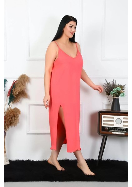Kadın Büyük Beden Ip Askılı Pamuklu Somon Uzun Gecelik indirimleri