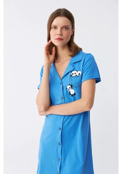 Kadın Pamuk Penye Kısa Kol Düğmeli Mavi Tunik Gecelik modelleri