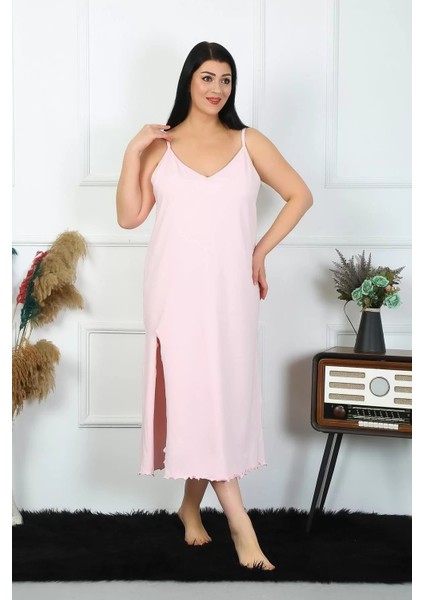 Kadın Büyük Beden Ip Askılı Pamuklu Pembe Uzun Gecelik fiyatları