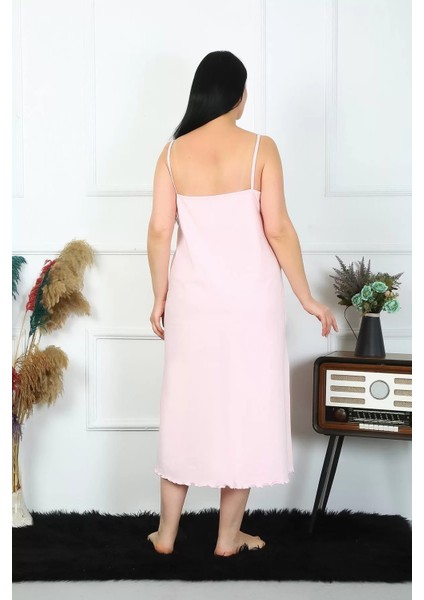 Kadın Büyük Beden Ip Askılı Pamuklu Pembe Uzun Gecelik modelleri