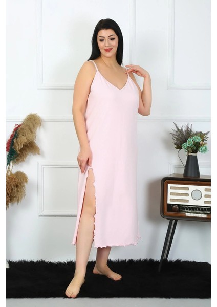 Kadın Büyük Beden Ip Askılı Pamuklu Pembe Uzun Gecelik fırsatları