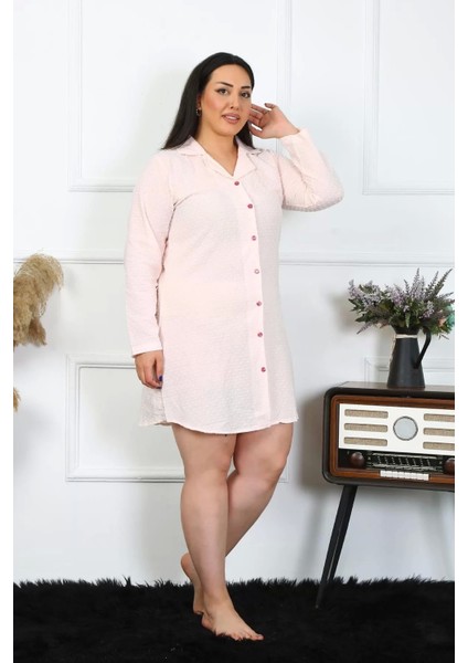Kadın Büyük Beden Pamuk Dokuma Düğmeli Uzun Kol Pembe Tunik Gecelik fiyatları