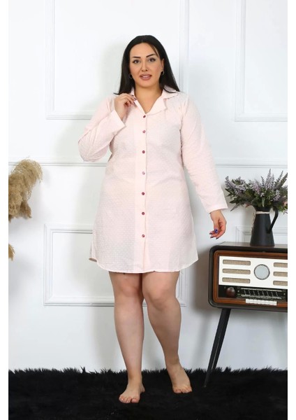 Kadın Büyük Beden Pamuk Dokuma Düğmeli Uzun Kol Pembe Tunik Gecelik fırsatları