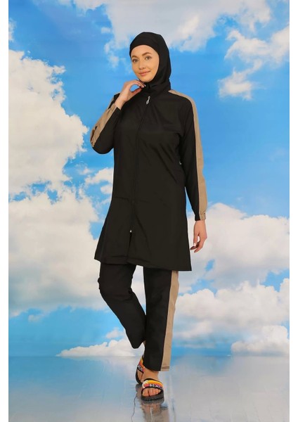 Kadın Pantolonlu Kolu Şeritli Tam Tesettür Mayo Siyah indirimleri