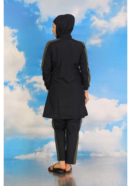 Kadın Pantolonlu Kolu Şeritli Tam Tesettür Mayo Lacivert