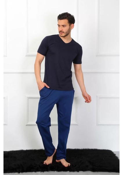 Erkek Penye 3'lü Lacivert V Yaka Pijama Takımı