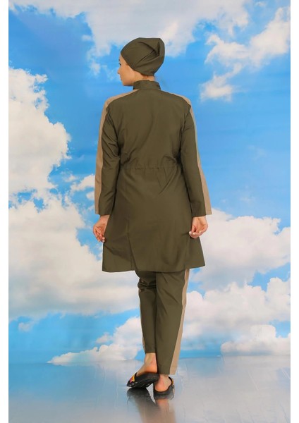 Kadın Pantolonlu Kolu Şeritli Tam Tesettür Mayo Haki indirimleri