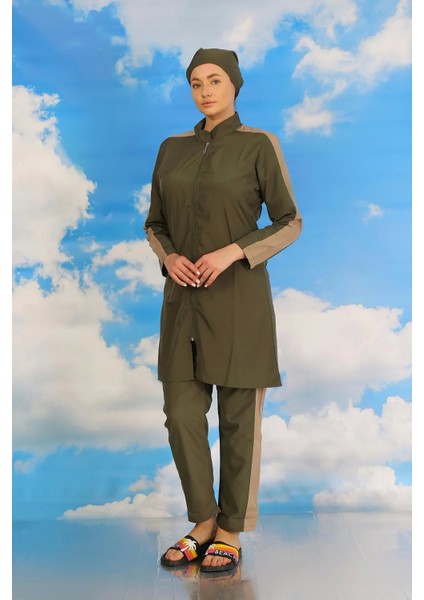 Kadın Pantolonlu Kolu Şeritli Tam Tesettür Mayo Haki