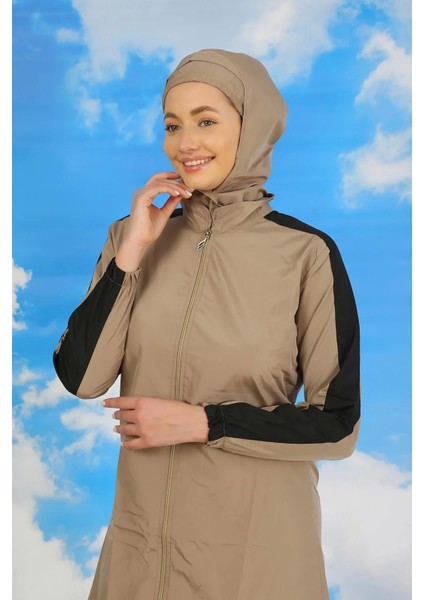 Kadın Pantolonlu Kolu Şeritli Tam Tesettür Mayo Bej fırsatları