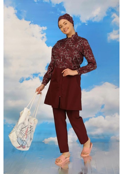Kadın Pantolonlu Desenli Tam Tesettür Mayo Bordo modelleri