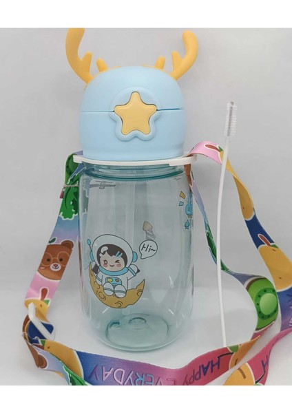 Turkuaz Çocuk Suluk 550 ml Pipetli, Geyik Temalı, Temizleme Çubuğu ile Kullanışlı