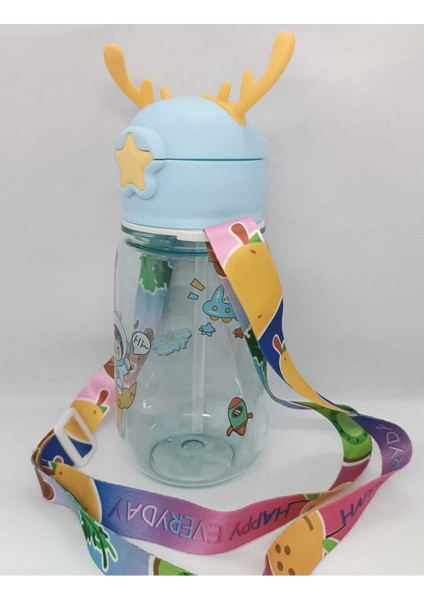 Turkuaz Çocuk Suluk 550 ml Pipetli, Geyik Temalı, Temizleme Çubuğu ile Kullanışlı modelleri