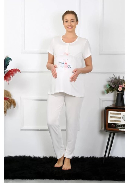 Kadın Kısa Kol Hamile Lohusa Pijama Takımı Ekru