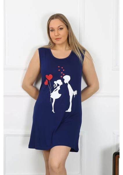 Kadın Büyük Beden Kalın Askılı Penye Diz Üstü Lacivert Gecelik fiyatları