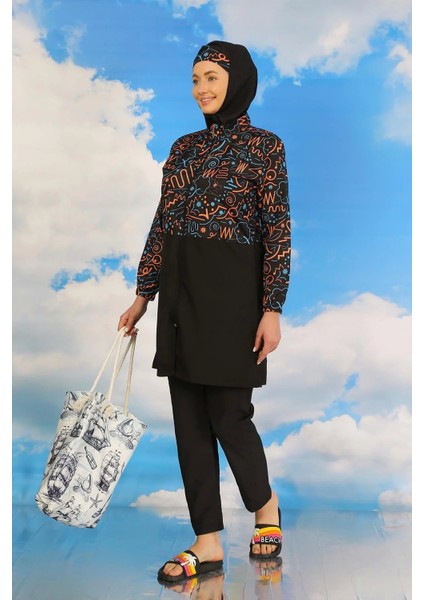 Kadın Pantolonlu Desenli Tam Tesettür Mayo Siyah fırsatları