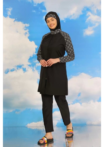 Kadın Pantolonlu Desenli Tam Tesettür Mayo Siyah