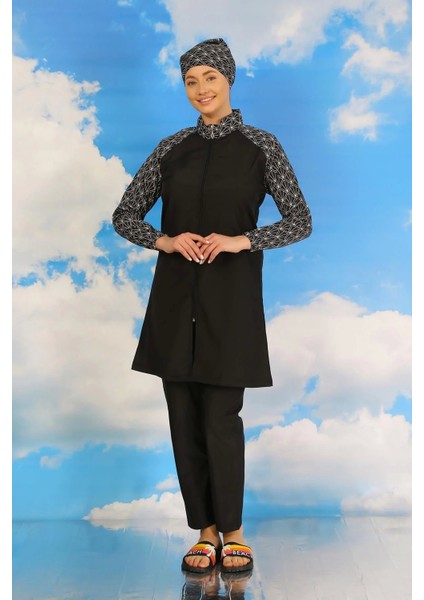 Kadın Pantolonlu Desenli Tam Tesettür Mayo Siyah fırsatları