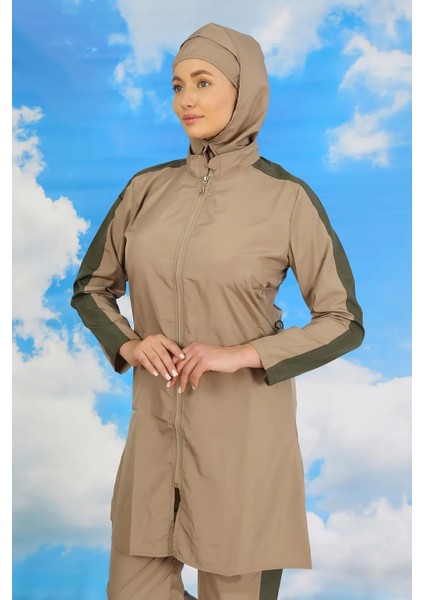 Kadın Pantolonlu Kolu Şeritli Tam Tesettür Mayo Bej