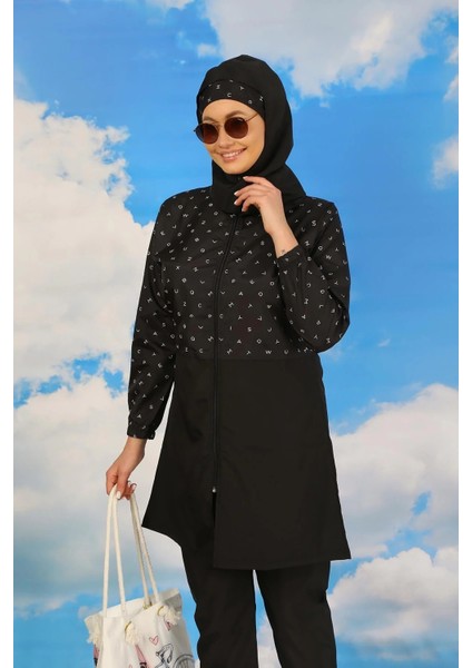 Kadın Pantolonlu Desenli Tam Tesettür Mayo Siyah