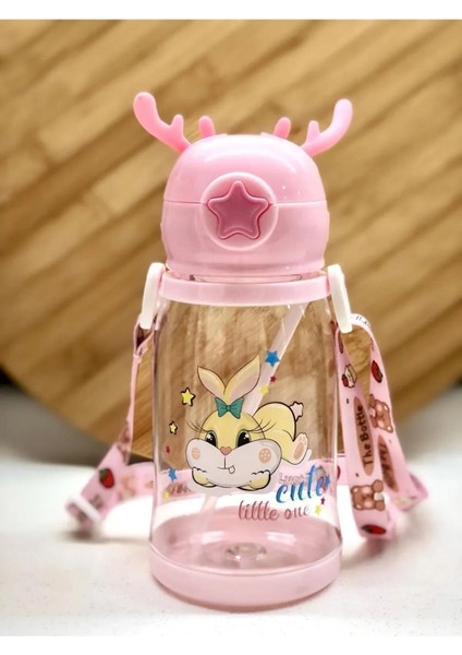 Pembe Çocuk Suluğu 500ML Pipetli Kayışlı Damlatmaz Su Matara
