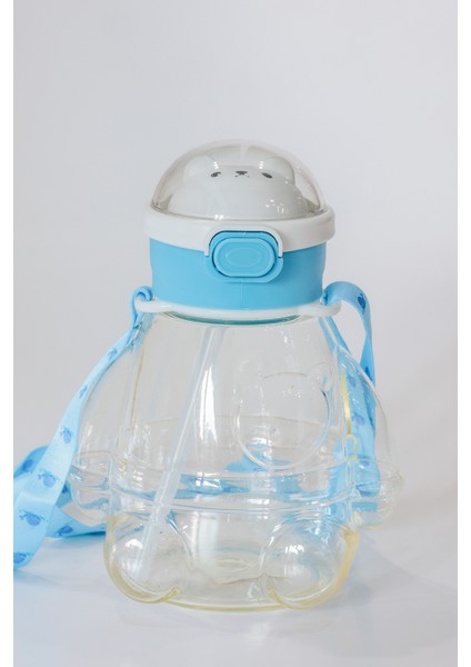 Şeffaf Ayıcık Çocuk Suluğu, Pipetli Kayışlı, Su Matarası, Okul Suluğu, Sticker Hediyeli