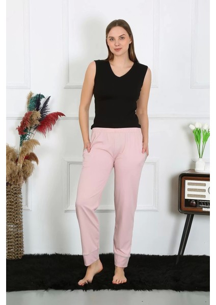 Kadın Pamuk Penye Cepli Tek Alt Pijama Pudra