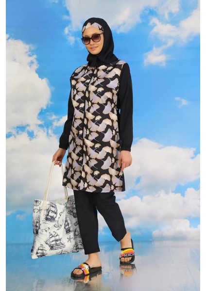 Kadın Pantolonlu Desenli Tam Tesettür Mayo Lacivert