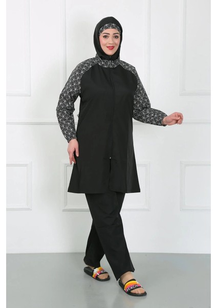 Büyük Beden Desenli Tesettür Mayo Siyah fırsatları